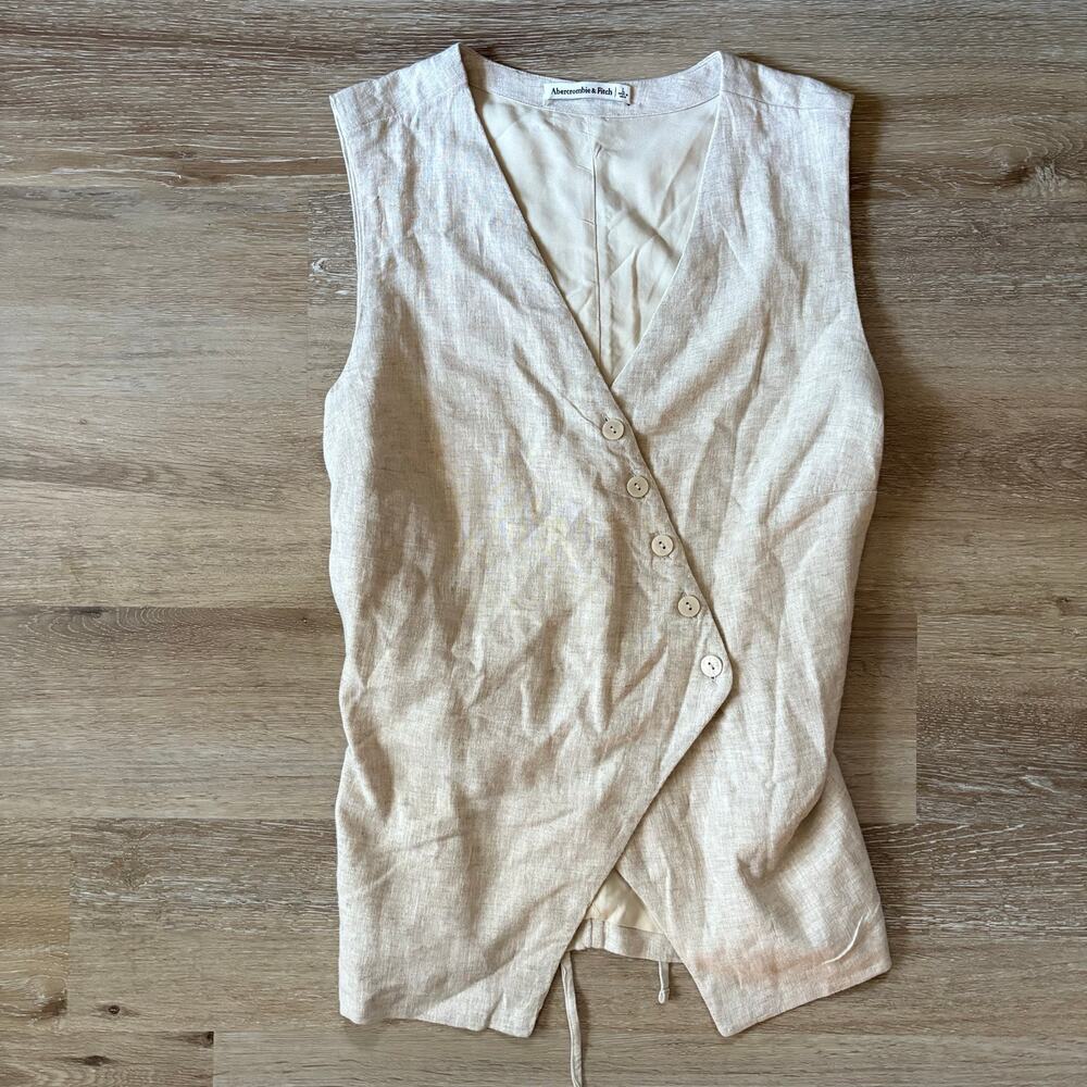 Abercrombie & Fitch Beige Linen Button-Front Sleeveless Top